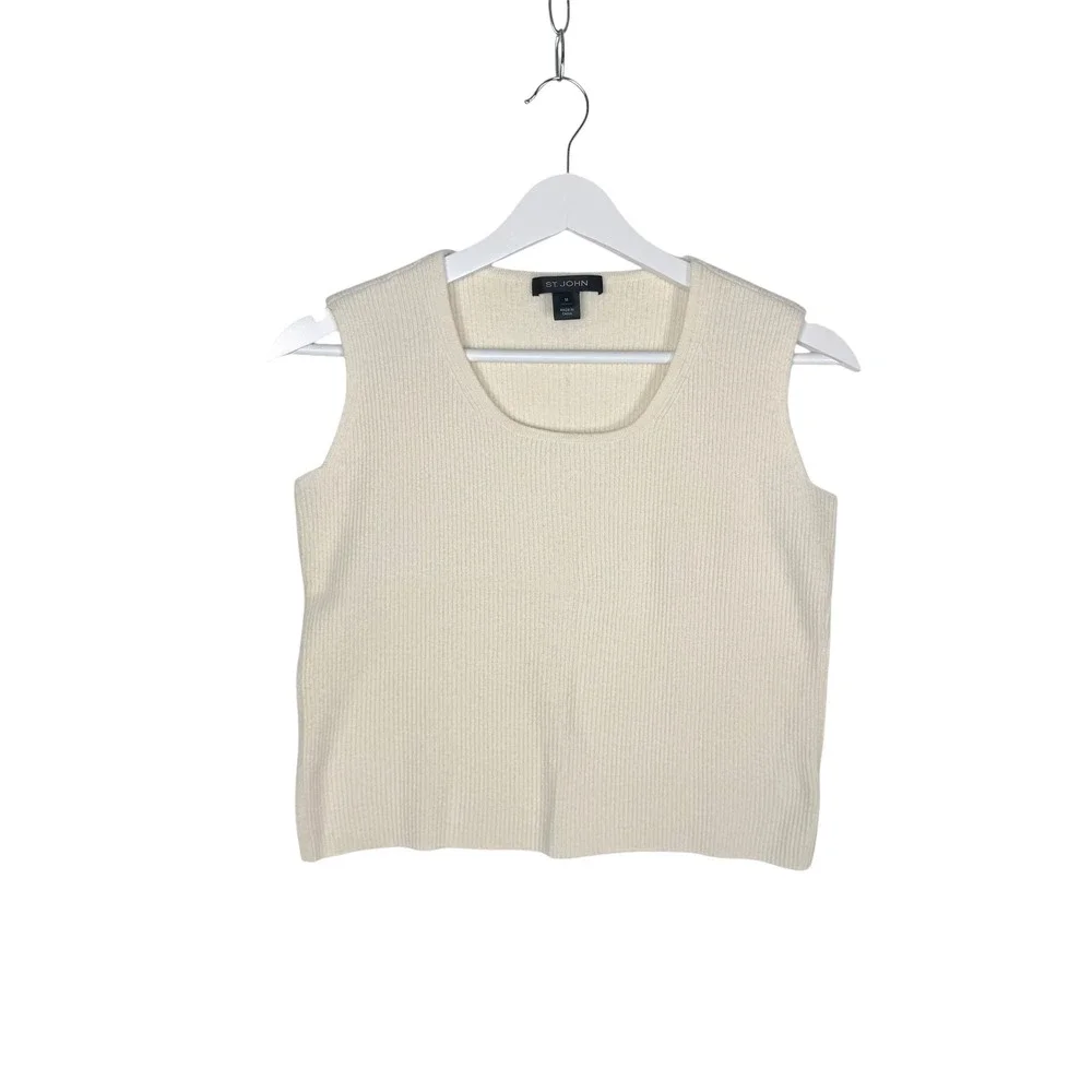 St. John Ribbed Knit Shell M Cream Wool Blend Sleeveless Scoop Neck Quiet Luxury